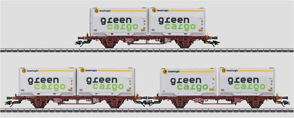 SJ (Sweden) 3-Car Flat Car Set w/Container Loads Green Cargo